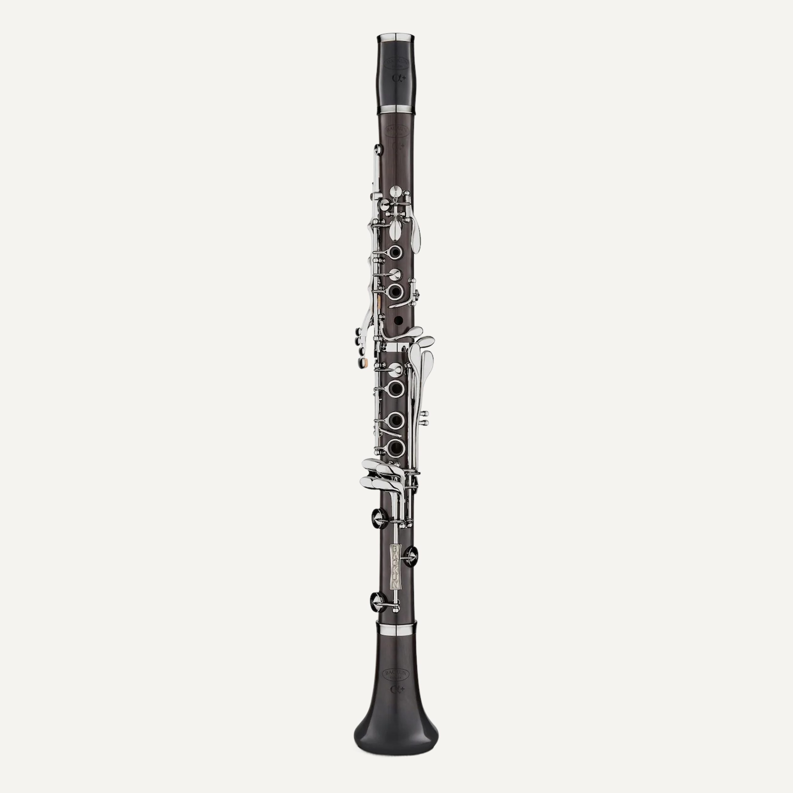 The Backun Alpha Plus Bb Clarinet with nickel keys is displayed upright against a plain white background.