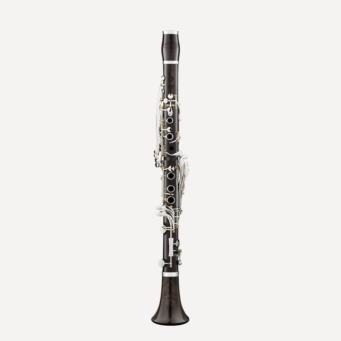 The Backun Essence Bb Clarinet, featuring a black body and silver keys, stands upright against a plain white background.
