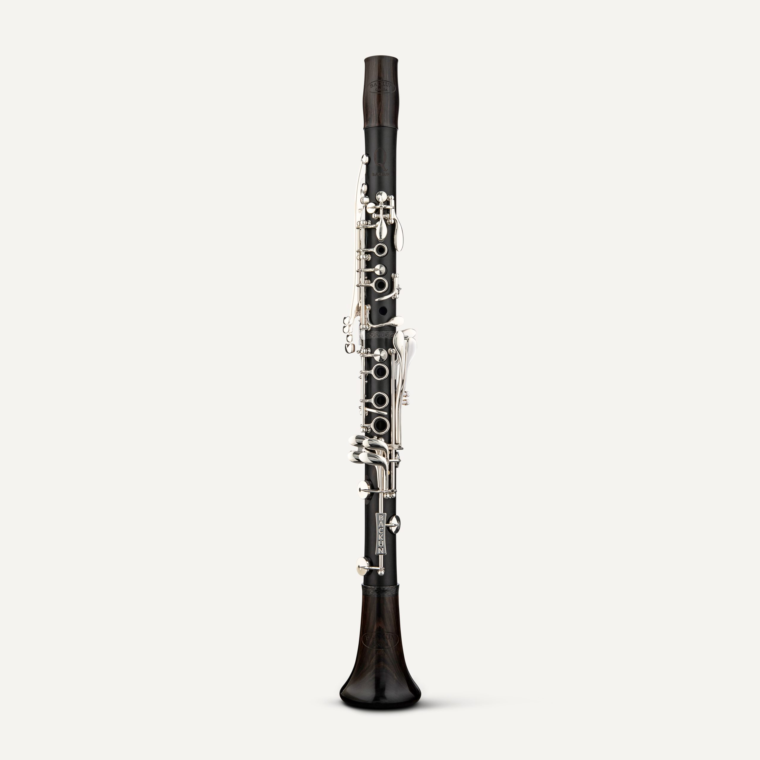 The Backun Q Series Professional A Clarinet, in black with silver keys, is displayed upright against a plain white background.