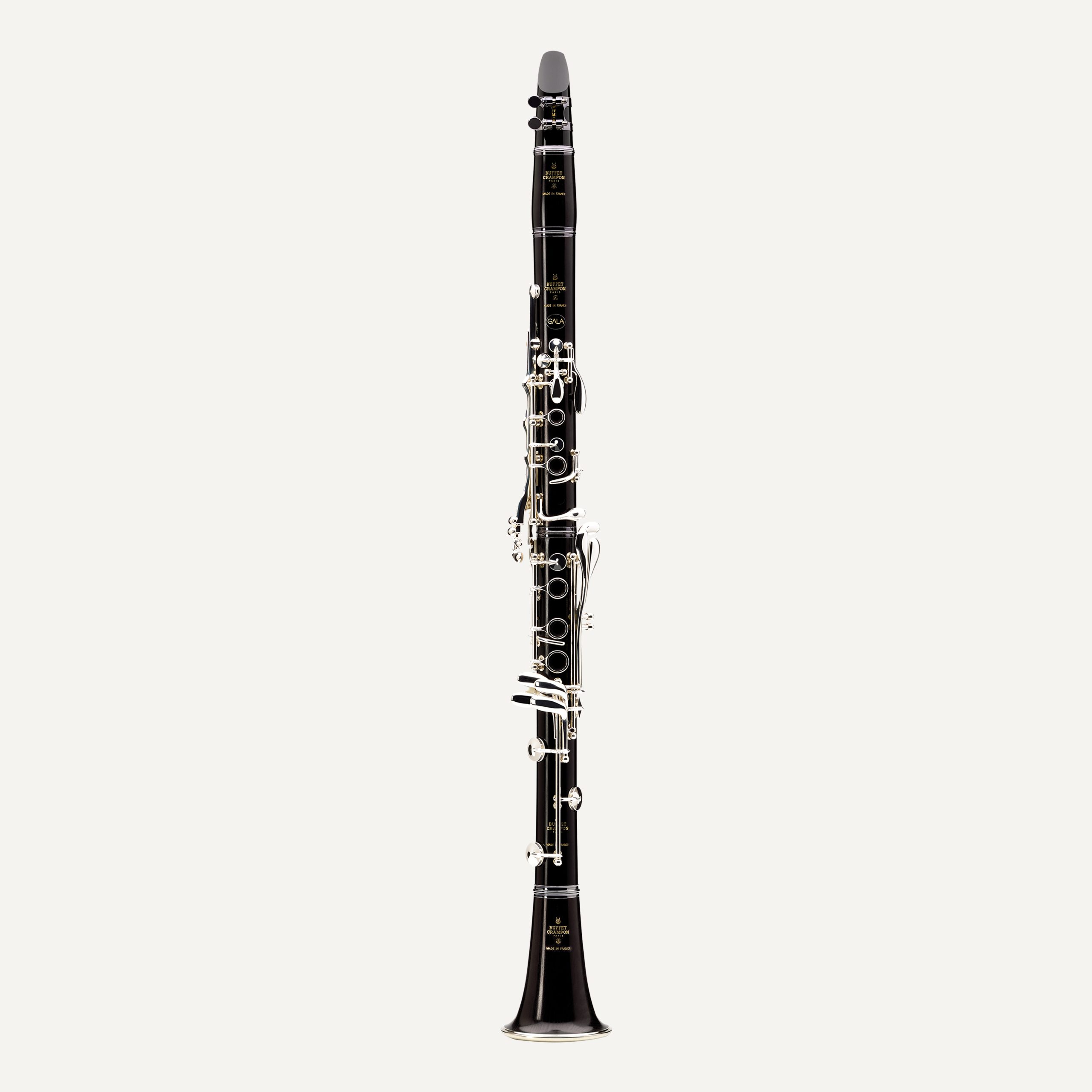 The Buffet Gala A Clarinet, featuring a black body with silver keys and a flared bell, is displayed vertically against a plain light background.