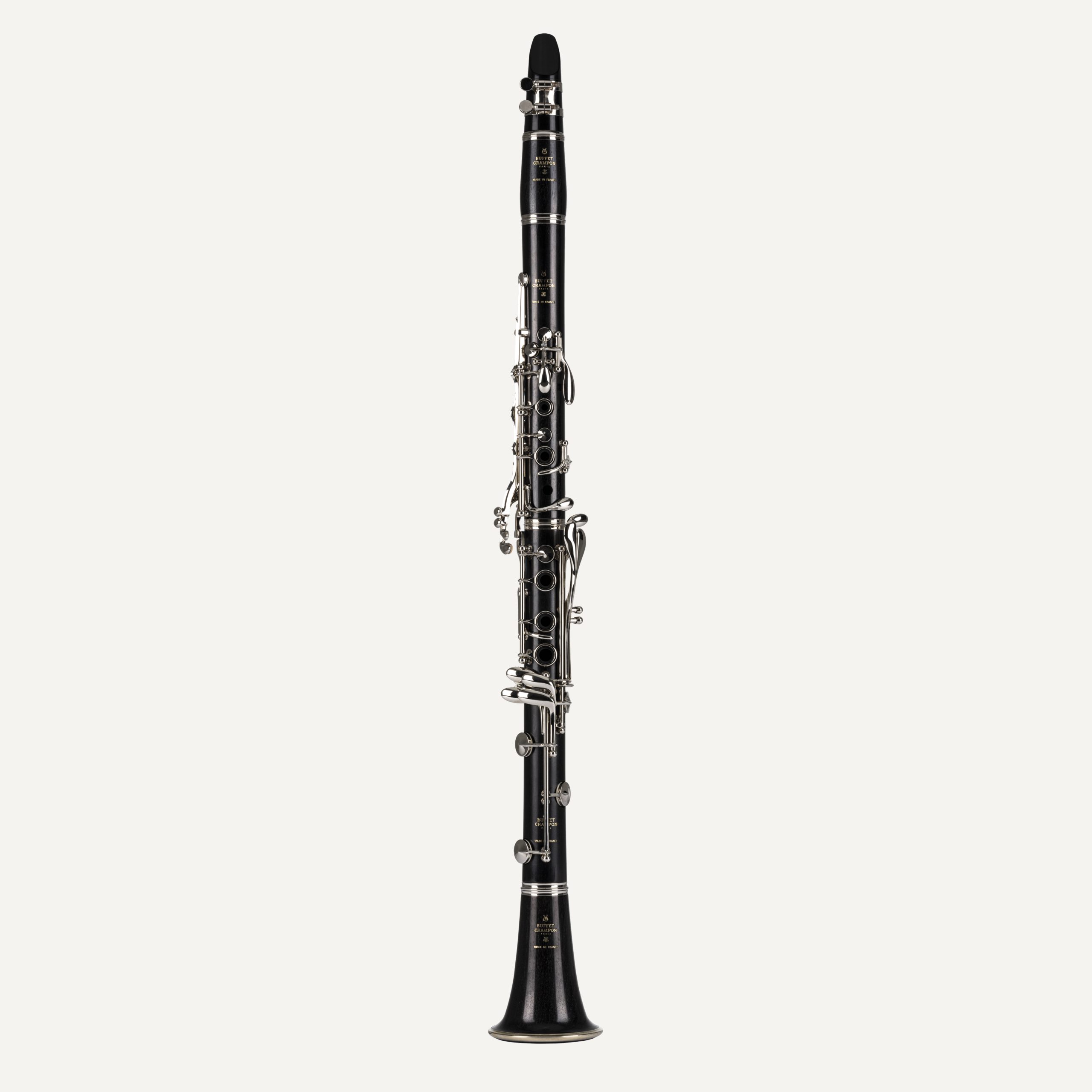 The Buffet R13 A Clarinet with nickel keys is displayed upright against a plain white background.