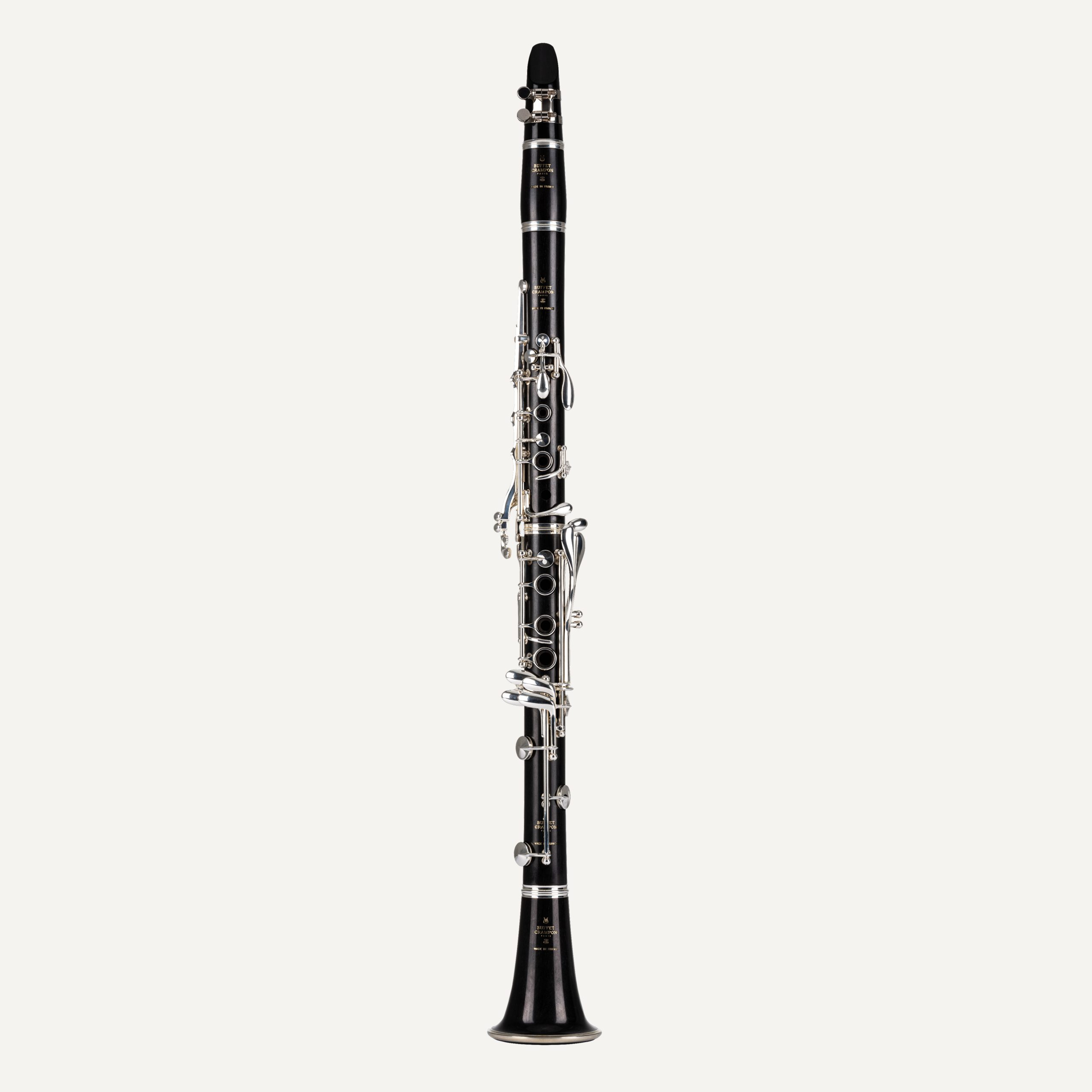 The Buffet R13 A Clarinet with silver keys is displayed upright against a plain white background.