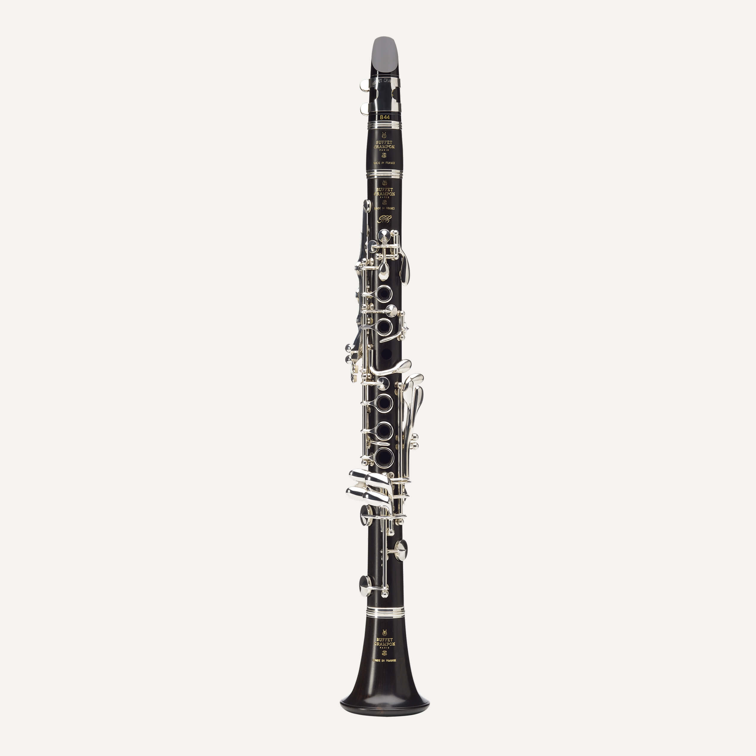 The Buffet RC Eb Clarinet, featuring silver keys, is displayed upright against a plain white background.