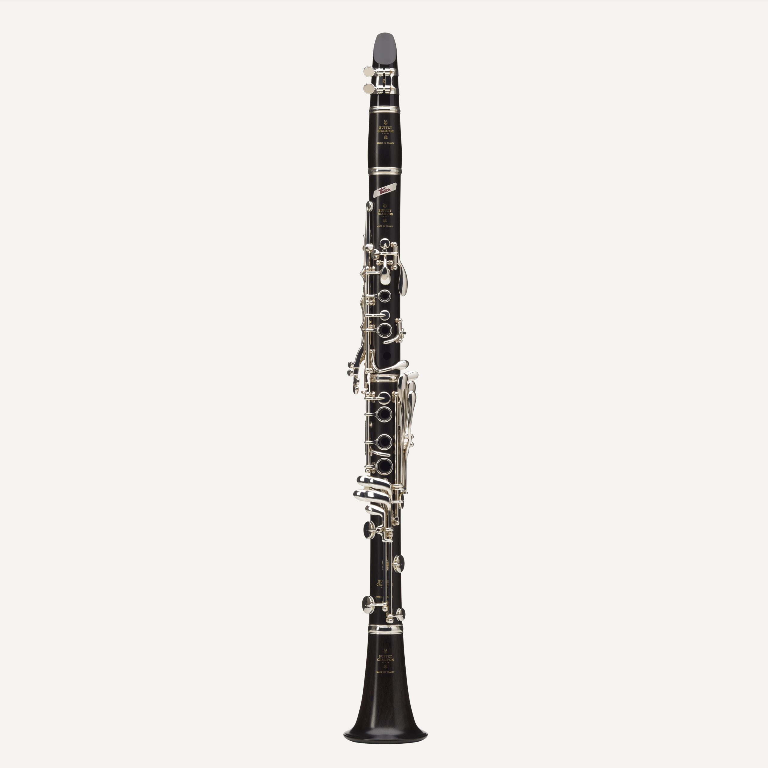 The Buffet Tosca Bb Clarinet, featuring a black body with silver keys and a bell-shaped end, is displayed upright against a plain white background.