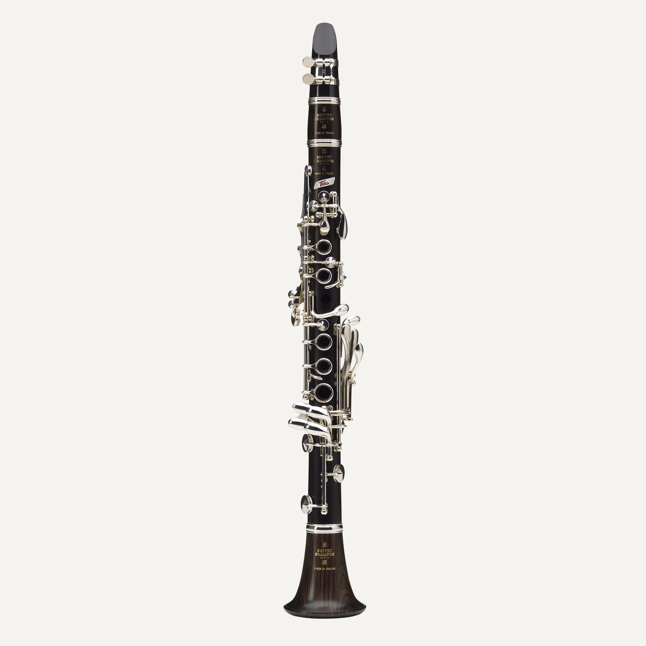 The Buffet Tosca Eb Clarinet, featuring a black body, silver keys, and a dark flared bell, stands upright against a plain white background.